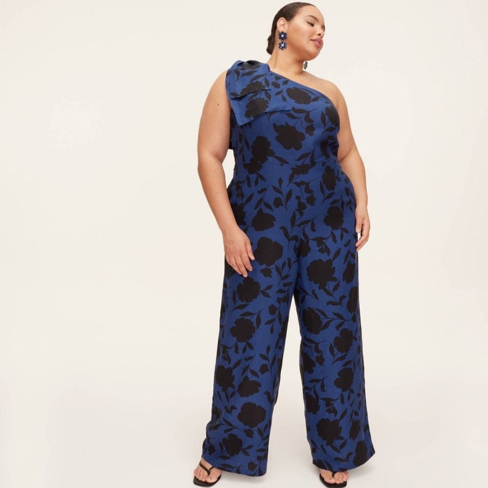 NWT Kate Spade Blue/Black Floral One-Shoulder Wide-Leg Jumpsuit Size 12